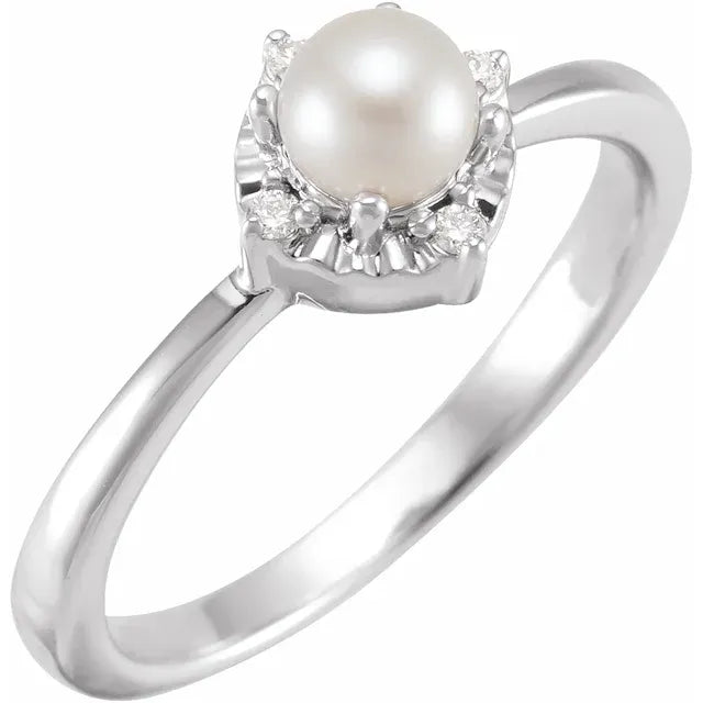 14K White Gold Cultured White Freshwater Pearl & .04 CTW Natural Diamond Halo-Style Ring