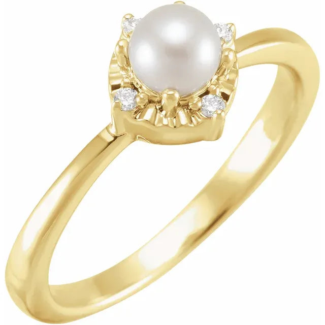 14K Yellow Gold Cultured White Freshwater Pearl & .04 CTW Natural Diamond Halo-Style Ring