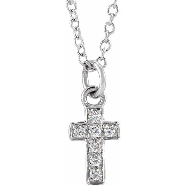 14K White Gold .04 CTW Natural Diamond Youth Cross 15" Necklace