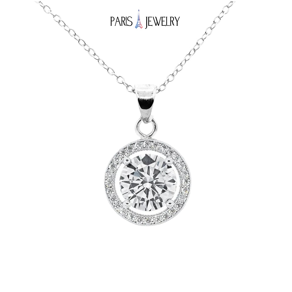 Paris Jewelry 18K White Gold White Halo Round Pendant Necklace 1, 2, 3 and 4Ct with Paris Crystals Plated