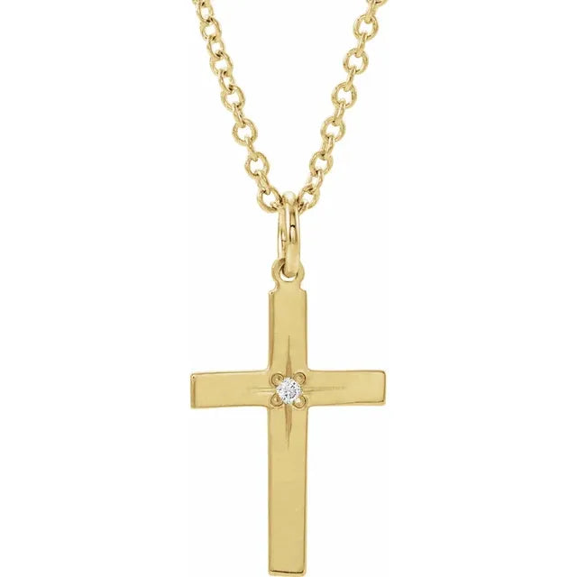 14K Yellow Gold .0075 CT Natural Diamond Youth Cross 15" Necklace