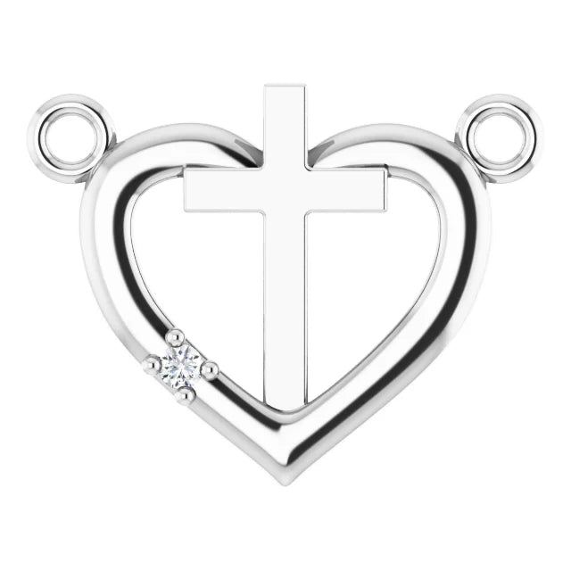 14K White Gold .0025 CT Natural Diamond Heart & Cross Necklace Center