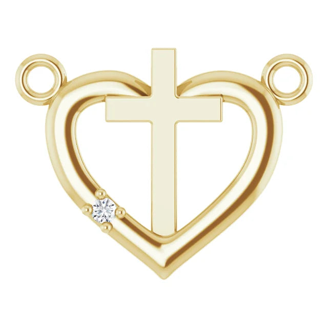 14K Yellow Gold .0025 CT Natural Diamond Heart & Cross Necklace Center