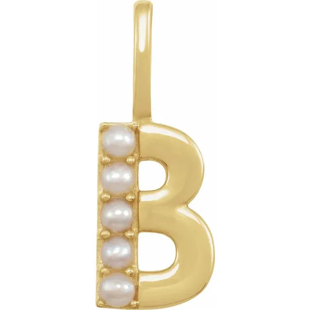 14K Yellow Gold Cultured White Pearl Initial B Charm/Pendant