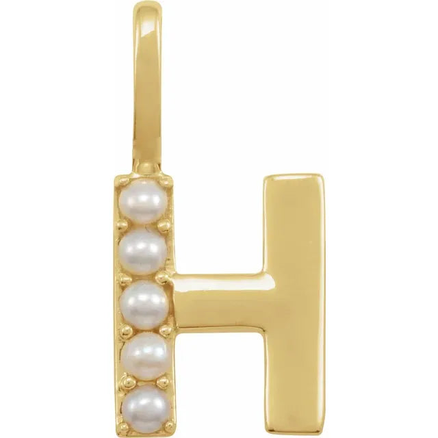 14K Yellow Gold Cultured White Pearl Initial H Charm/Pendant