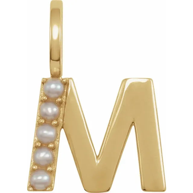 14K Yellow Gold Cultured White Pearl Initial M Charm/Pendant