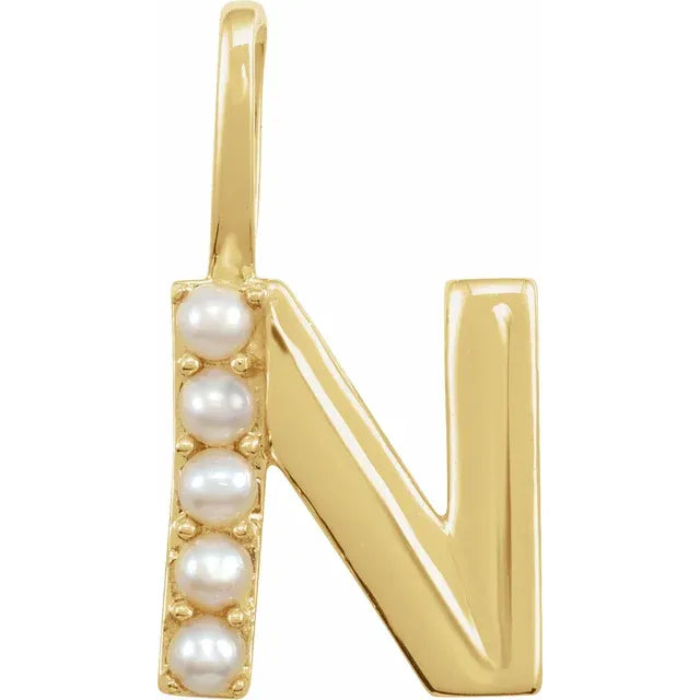 14K Yellow Gold Cultured White Pearl Initial N Charm/Pendant