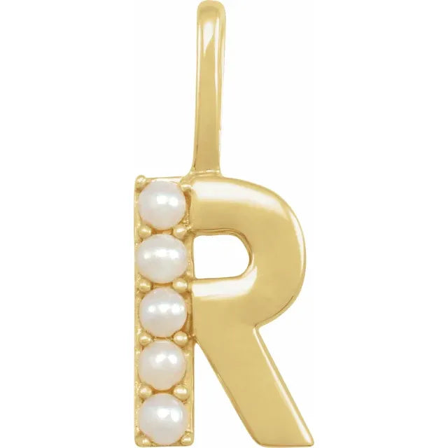 14K Yellow Gold Cultured White Pearl Initial R Charm/Pendant