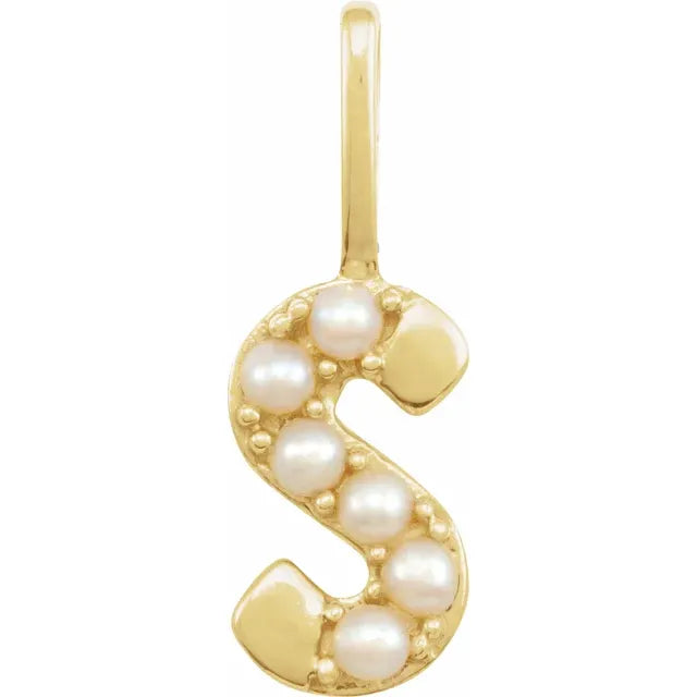 14K Yellow Gold Cultured White Pearl Initial S Charm/Pendant