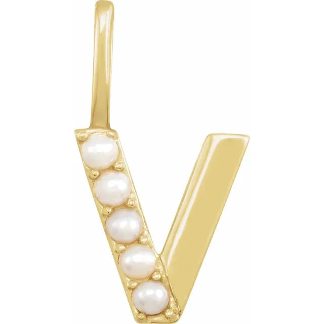 14K Yellow Gold Cultured White Pearl Initial V Charm/Pendant