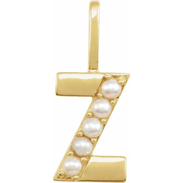 14K Yellow Gold Cultured White Pearl Initial Z Charm/Pendant