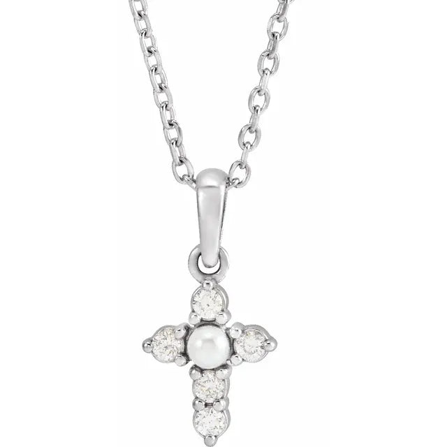 14K White Gold Cultured White Seed Pearl & .07 CTW Natural Diamond Cross 16-18" Necklace