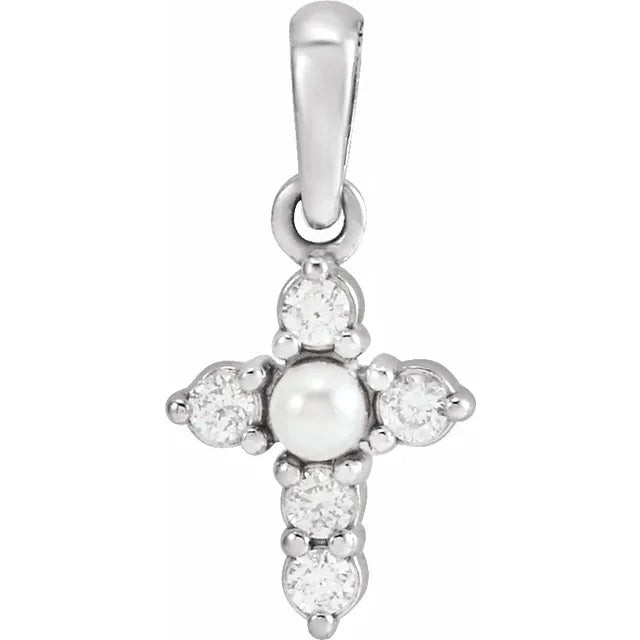 14K White Gold Cultured White Seed Pearl & .07 CTW Natural Diamond Cross Pendant