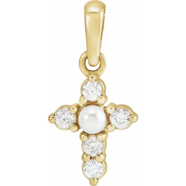 14K Yellow Gold Cultured White Seed Pearl & .07 CTW Natural Diamond Cross Pendant
