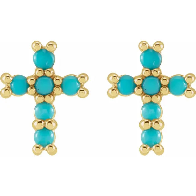 14K Yellow Gold Natural Turquoise Cross Earrings