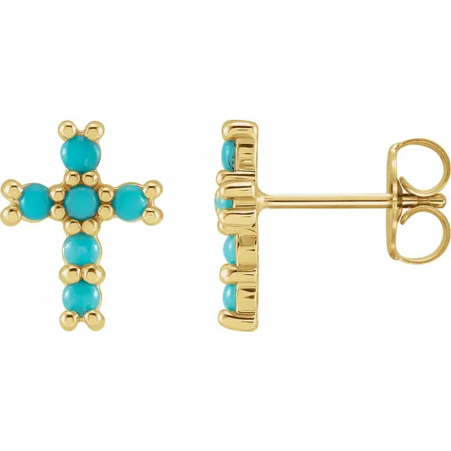 14K Yellow Gold Natural Turquoise Cross Earrings