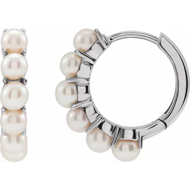 14K White Gold Cultured Freshwater Pearl Huggie Hoop Earrings