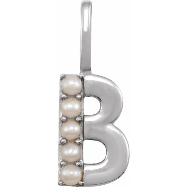 14K White Gold Cultured White Pearl Initial B Charm/Pendant