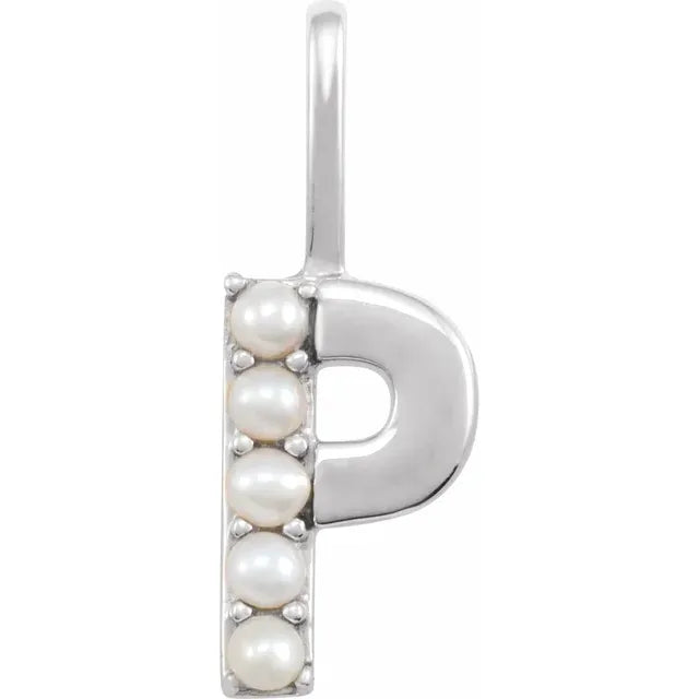 14K White Gold Cultured White Pearl Initial P Charm/Pendant