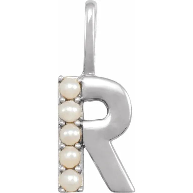 14K White Gold Cultured White Pearl Initial R Charm/Pendant
