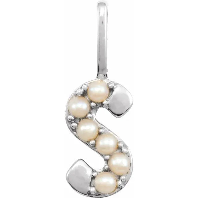 14K White Gold Cultured White Pearl Initial S Charm/Pendant