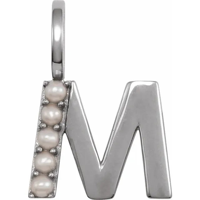 14K White Gold Cultured White Pearl Initial M Charm/Pendant