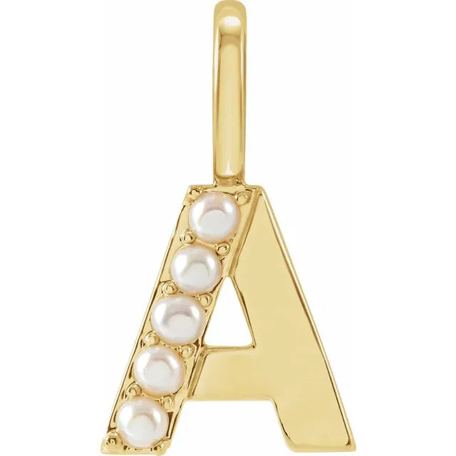 14K Yellow Gold Cultured White Pearl Initial A Charm/Pendant
