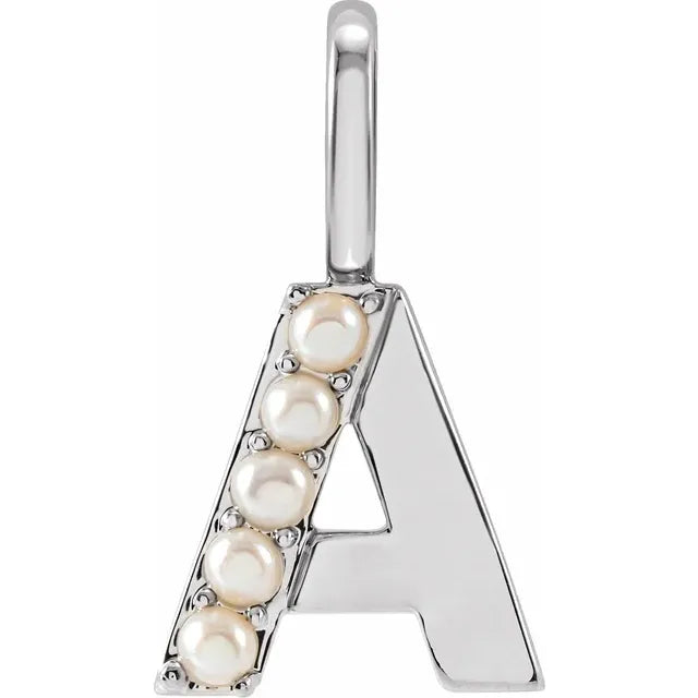 14K White Gold Cultured White Pearl Initial A Charm/Pendant