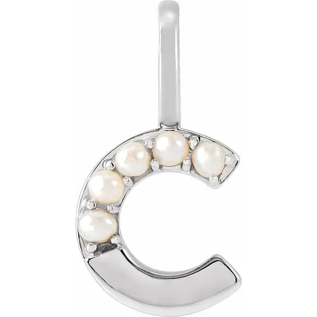 14K White Gold Cultured White Pearl Initial C Charm/Pendant