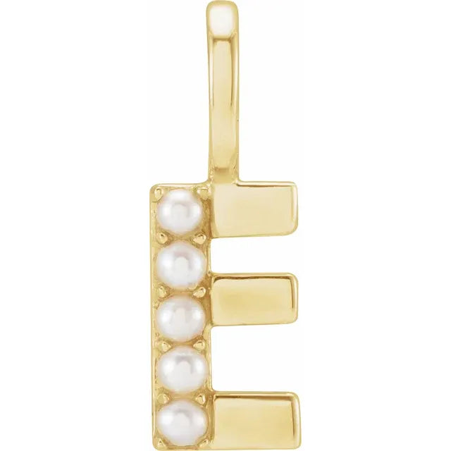 14K Yellow Gold Cultured White Pearl Initial E Charm/Pendant