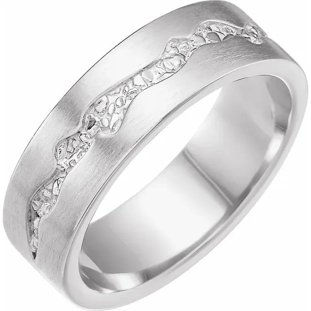 14K White Gold 6 mm Nugget Pattern Band with Satin Finish Size 8.5