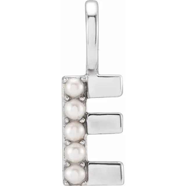 14K White Gold Cultured White Pearl Initial E Charm/Pendant