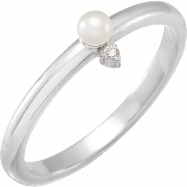 14K White Gold Cultured White Seed Pearl & .015 CT Natural Diamond Ring