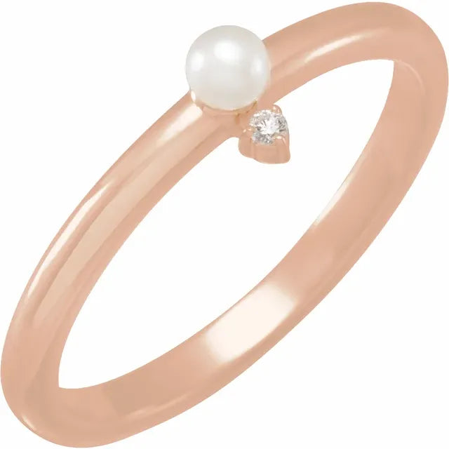 14K Rose Gold Cultured White Seed Pearl & .015 CT Natural Diamond Ring
