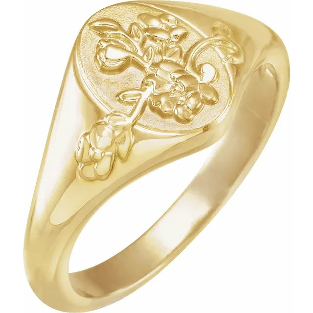 14K Yellow Gold Oval Floral Signet Ring