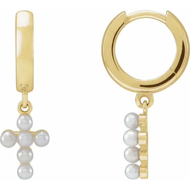 14K Yellow Gold Cultured White Seed Pearl Cross Hoop Earrings