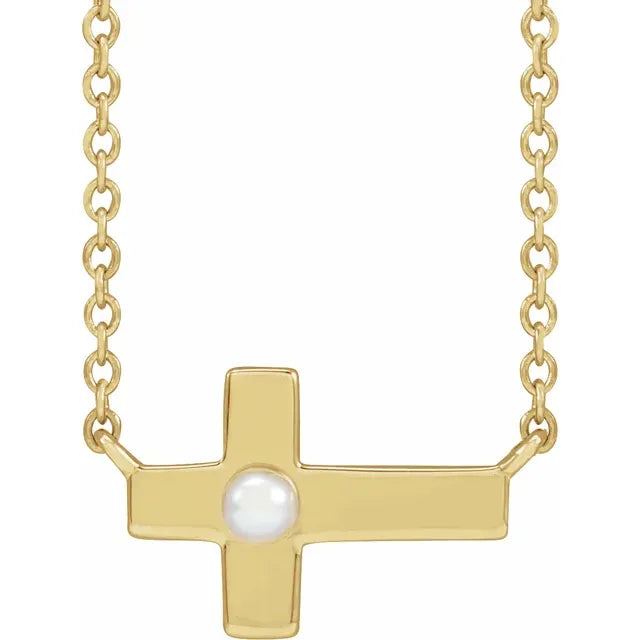 14K Yellow Gold Cultured White Seed Pearl Sideways Cross 16-18" Necklace