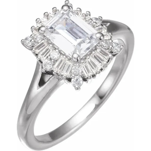 14K White Gold 7x5 mm Emerald 3/8 CTW Diamond Semi-Set Halo-Style Engagement Ring