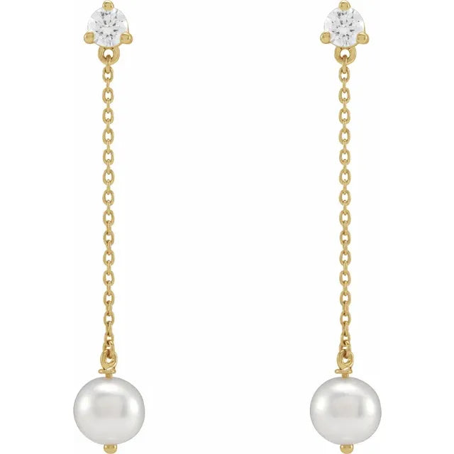 14K Yellow Gold Cultured Freshwater Pearl & 1/2 CT Lab-Grown Diamond Earrings