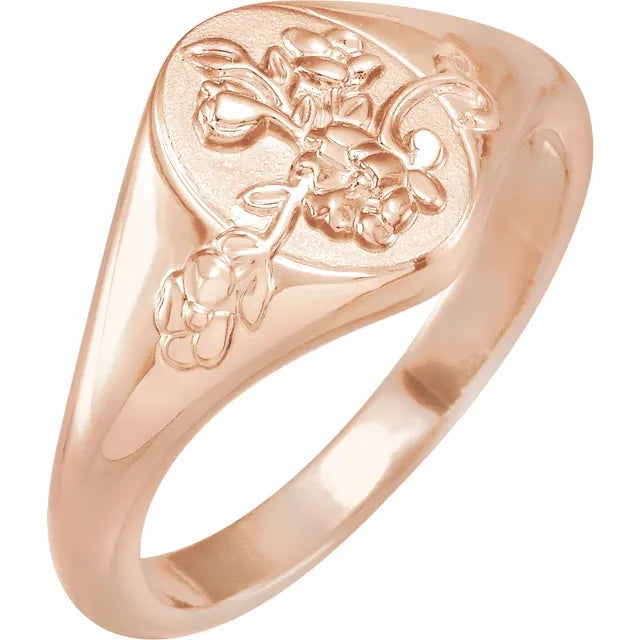 14K Rose Gold Oval Floral Signet Ring