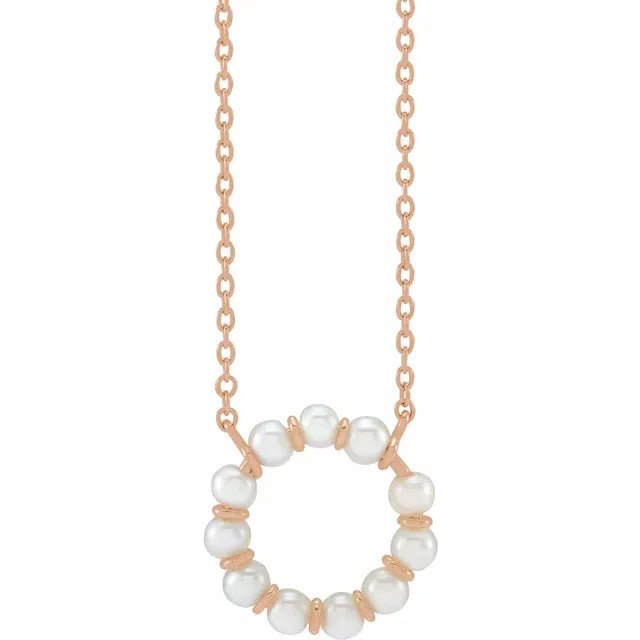 14K Rose Gold Cultured White Freshwater Pearl Circle 18" Necklace