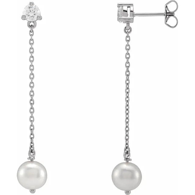 14K White Gold Cultured Freshwater Pearl & 1/2 CT Lab-Grown Diamond Earrings