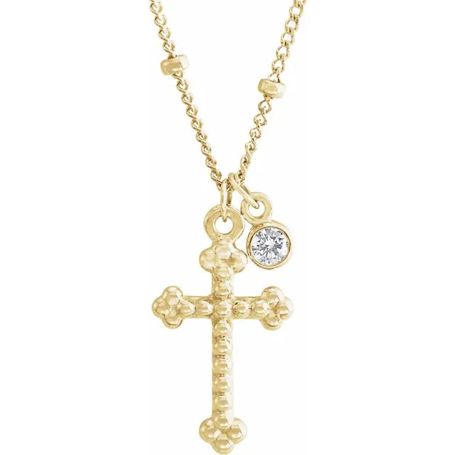 14K Yellow Gold .06 CT Diamond Dangle & Beaded Cross 20" Necklace