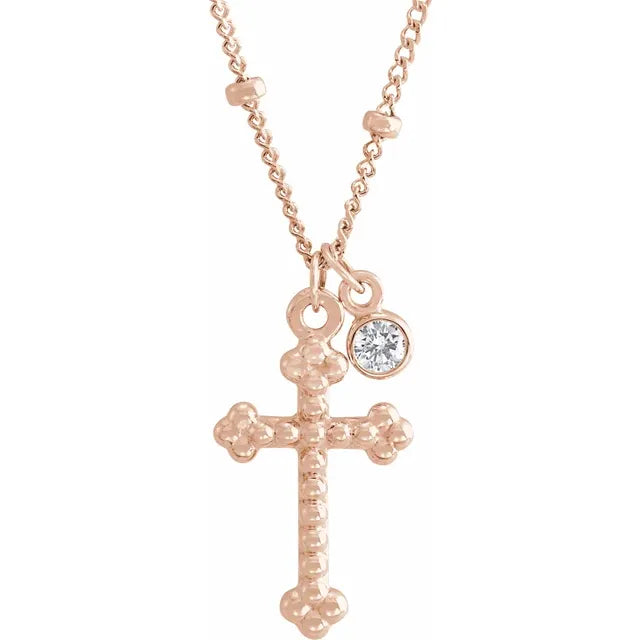 14K Rose Gold .06 CT Diamond Dangle & Beaded Cross 20" Necklace