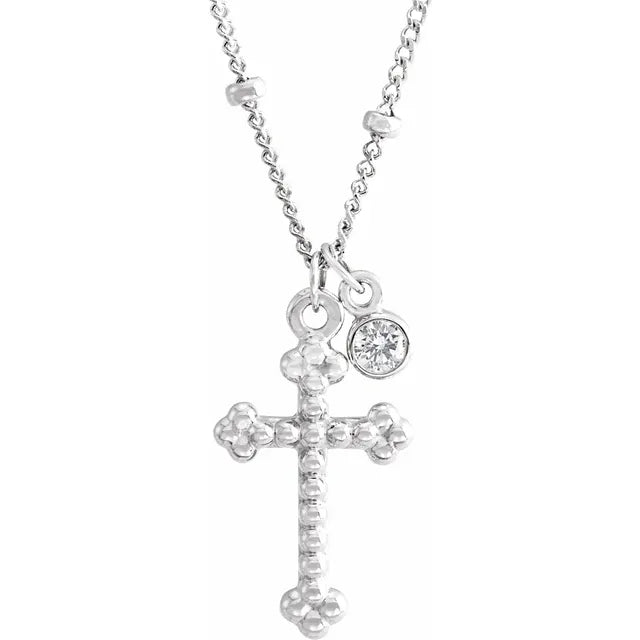 14K White Gold .06 CT Diamond Dangle & Beaded Cross 20" Necklace