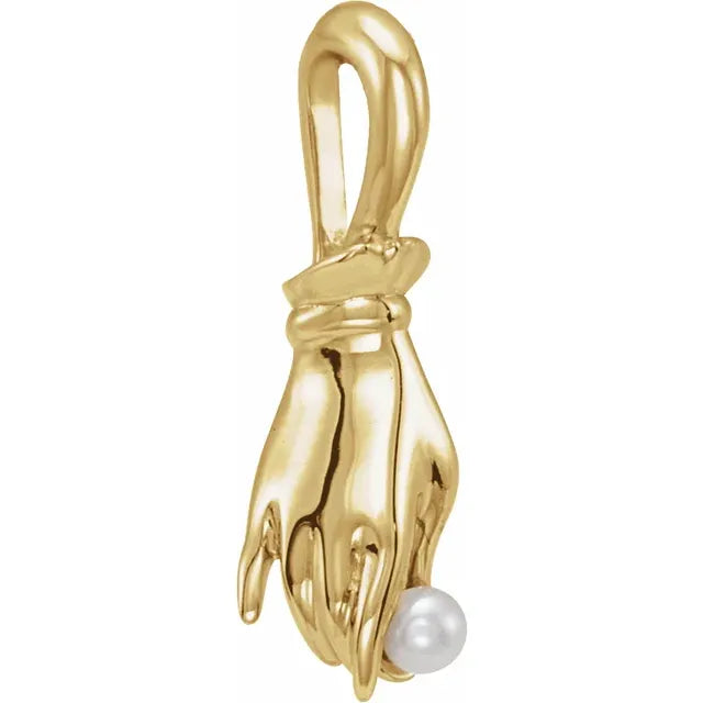 14K Yellow Gold Cultured White Seed Pearl Buddha Hand Pendant
