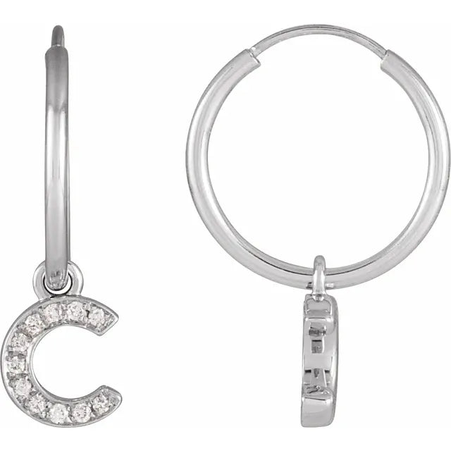 14K White Gold .04 CTW Natural Diamond Single Initial C Hoop Earring