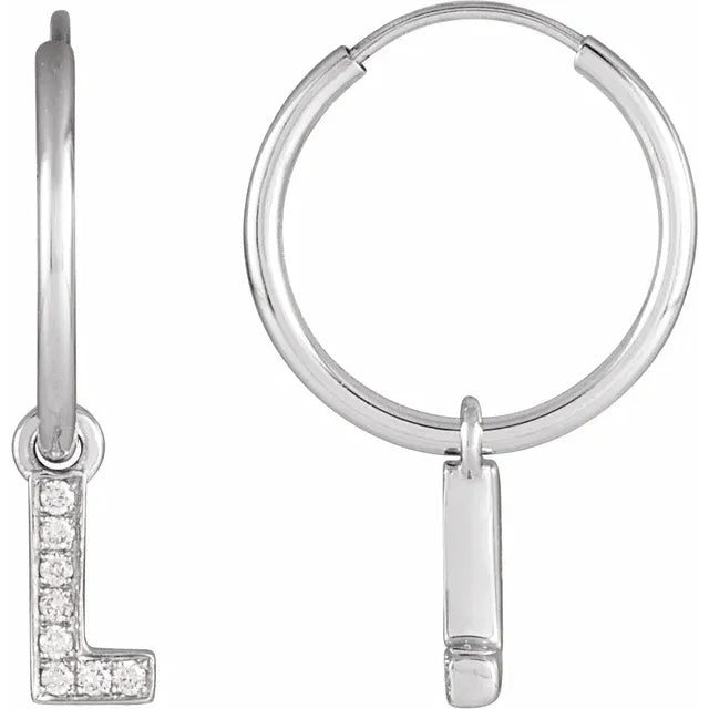 14K White Gold .03 CTW Natural Diamond Single Initial L Hoop Earring