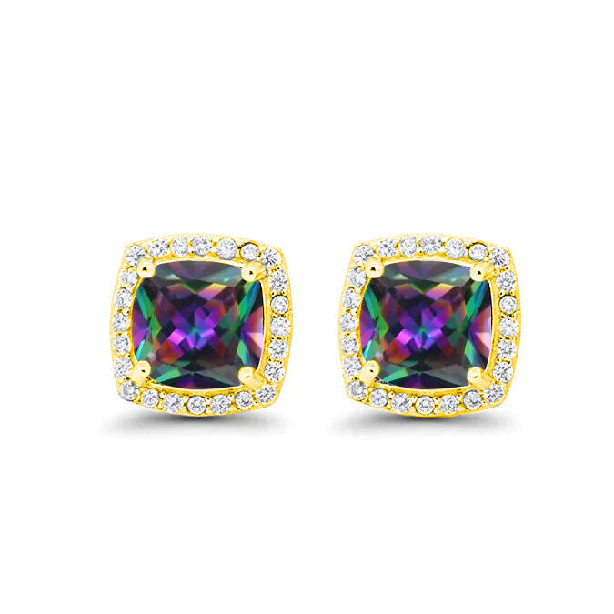 18k Yellow Gold Plated 1/4 Ct Created Halo Princess Cut Mystic Topaz Stud Earrings 4mm