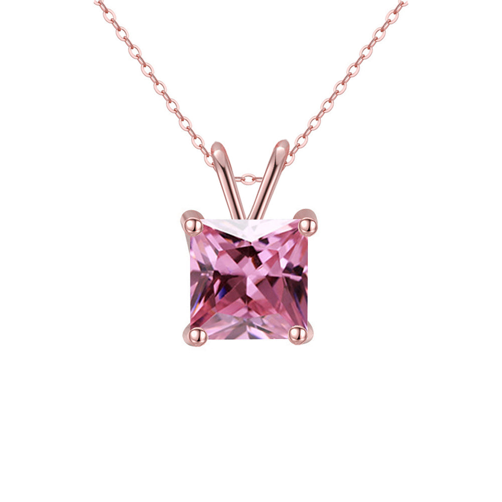 18K Rose Gold 2 Carat Created Pink Sapphire Princess Stud Necklace Plated 18 inch